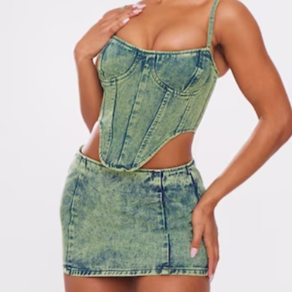 PLT Green Tint Vintage Wash Curved Hem Denim Corset & Skirt M